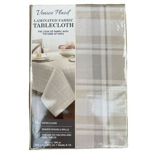Venice Plaid Laminated Fabric Tablecloth Beige Wipes Clean Resists Stain 60x104"